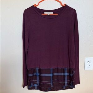 LOFT Maroon Top with Blue Plaid Detail